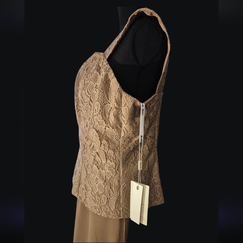 Elegant Nude Taupe Lace Corset Top Chiffon Shrug Wide Leg Pant Suit Set - Size X - Picture 3 of 6
